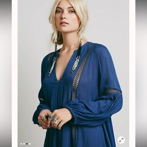 Free People Deep Cobalt V-Neck Crochet Inset Tunic